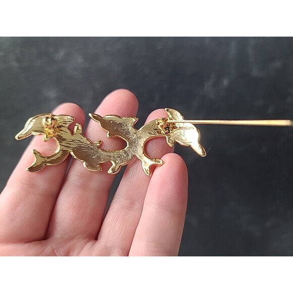 Gold Tone Metal Green Enamel Eyed Dolphins Jumping Shaped Brooch - Picture 8 of 10